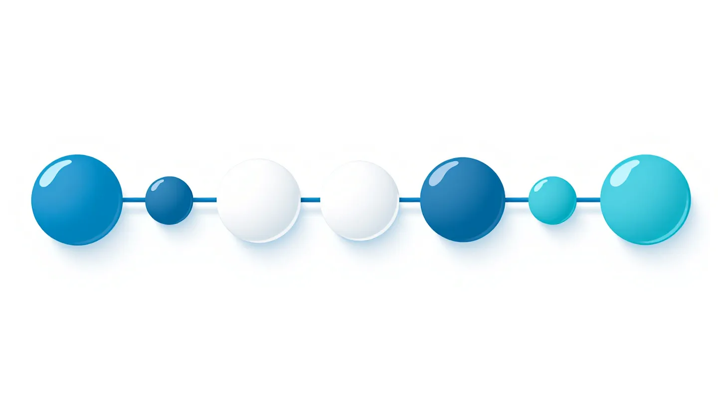 Seven flat-color circular nodes in a gentle arc connected by ink hairlines representing the Selank heptapeptide on white