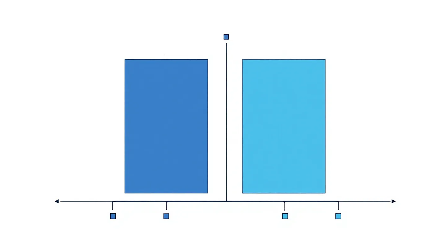 Two equal flat-color blocks in indigo and teal side by side connected by ink hairlines representing the Selank-vs-Semax comparison on white